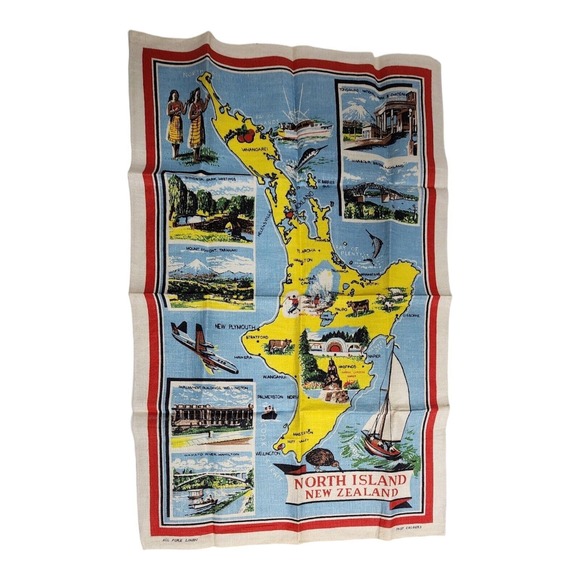 Pure Linen Fast Colours Kitchen Tea Towel New Zealand North Island Map 31x20 - Picture 1 of 16